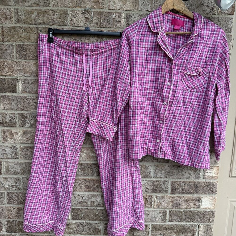 Victoria's Secret Flannel Pajama Set Pink White Plaid Button Top Pants Medium